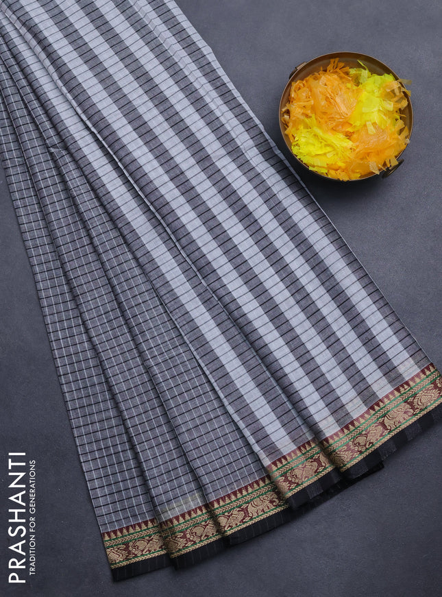 Narayanpet cotton saree grey and black with allover checked pattern and thread woven border