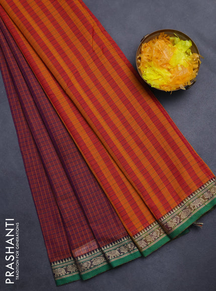 Narayanpet cotton saree maroon and green with allover checked pattern and thread woven border
