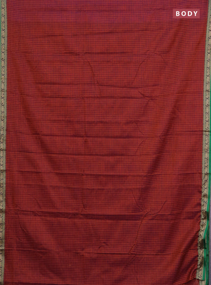 Narayanpet cotton saree maroon and green with allover checked pattern and thread woven border