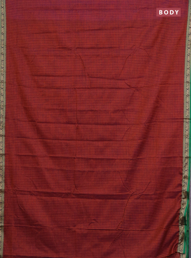 Narayanpet cotton saree maroon and green with allover checked pattern and thread woven border