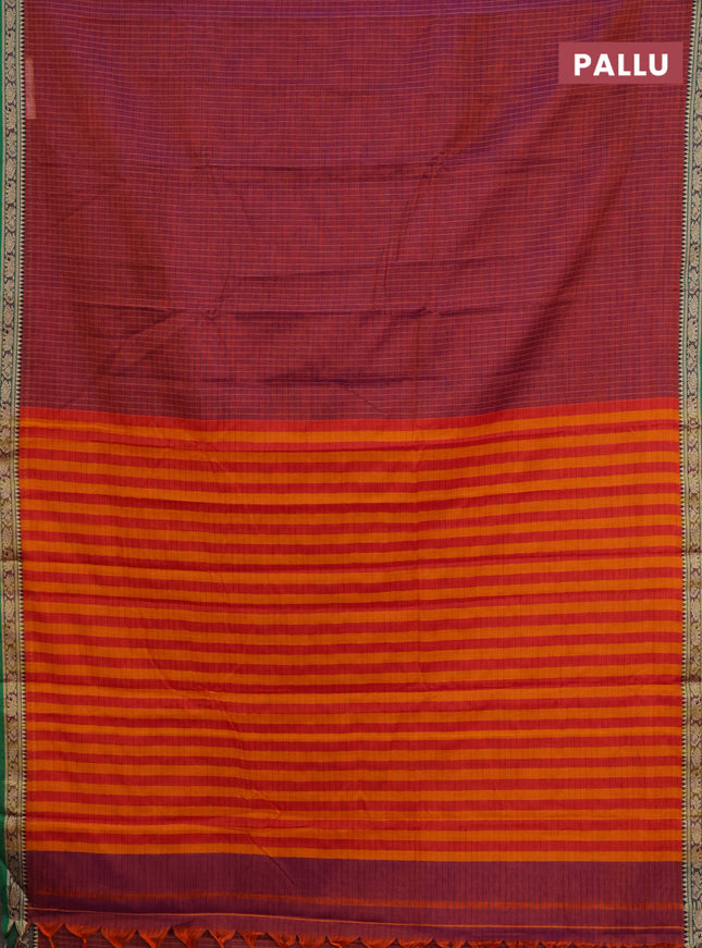 Narayanpet cotton saree maroon and green with allover checked pattern and thread woven border