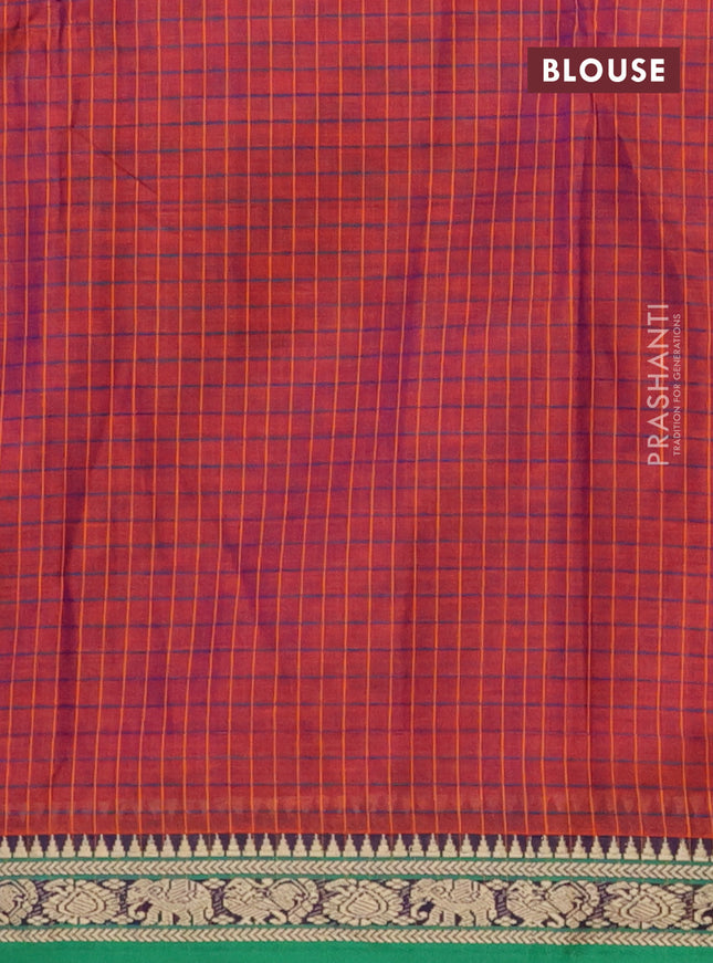 Narayanpet cotton saree maroon and green with allover checked pattern and thread woven border