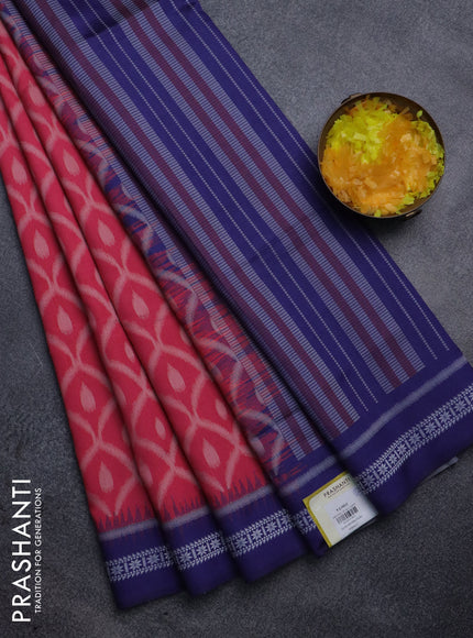 Sambalpuri semi silk saree peach pink and dark blue with allover ikat weaves and thread woven border