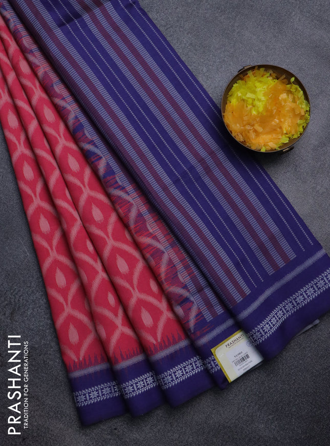 Sambalpuri semi silk saree peach pink and dark blue with allover ikat weaves and thread woven border