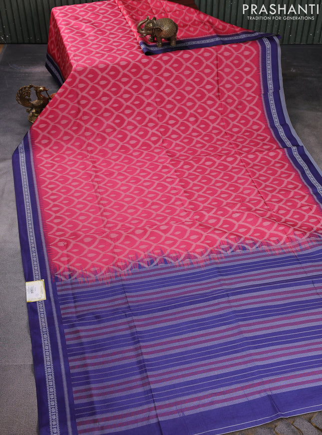 Sambalpuri semi silk saree peach pink and dark blue with allover ikat weaves and thread woven border