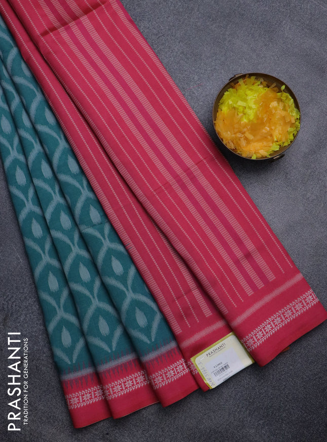 Sambalpuri semi silk saree peacock green and pink with allover ikat weaves and thread woven border