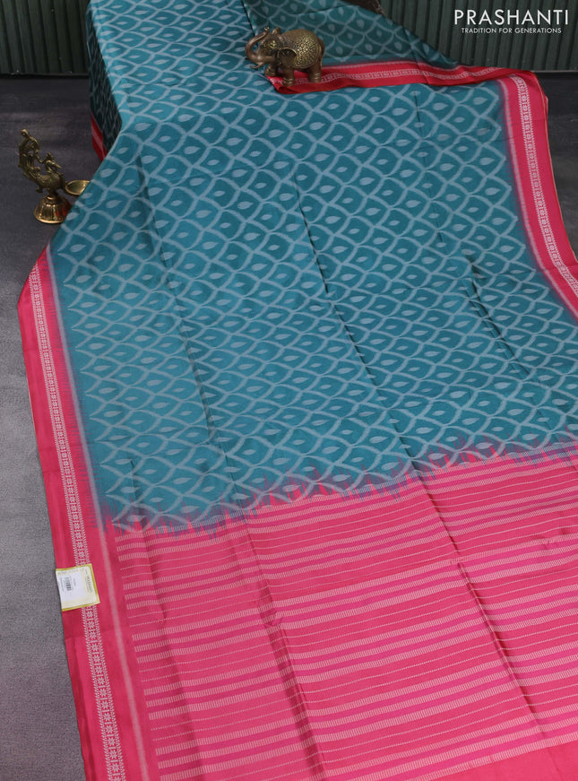 Sambalpuri semi silk saree peacock green and pink with allover ikat weaves and thread woven border
