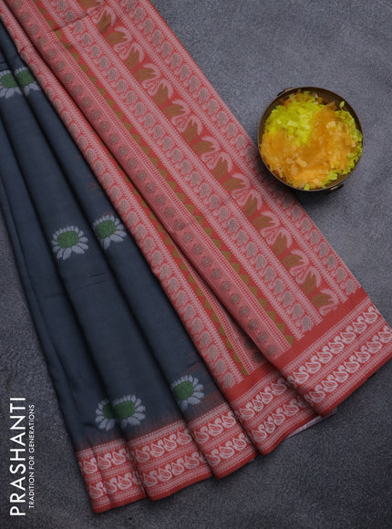 Sambalpuri semi silk saree elephant grey and orange with allover ikat butta weaves and thread woven border