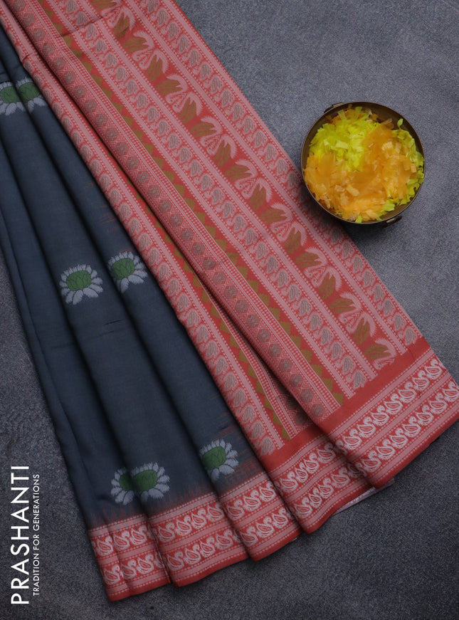 Sambalpuri semi silk saree elephant grey and orange with allover ikat butta weaves and thread woven border