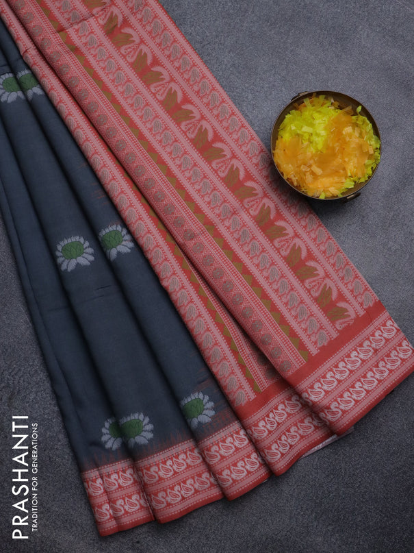 Sambalpuri semi silk saree elephant grey and orange with allover ikat butta weaves and thread woven border