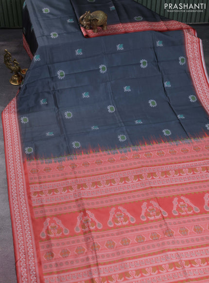 Sambalpuri semi silk saree elephant grey and orange with allover ikat butta weaves and thread woven border