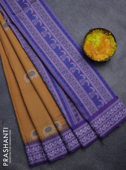 Sambalpuri semi silk saree mustard yellow and violet with allover ikat butta weaves and thread woven border