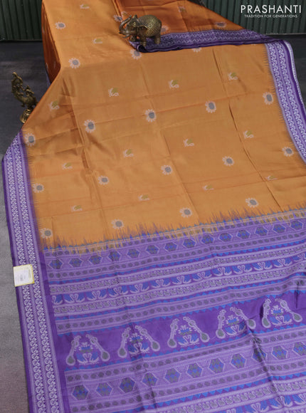 Sambalpuri semi silk saree mustard yellow and violet with allover ikat butta weaves and thread woven border