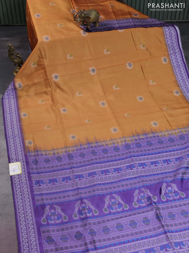 Sambalpuri semi silk saree mustard yellow and violet with allover ikat butta weaves and thread woven border