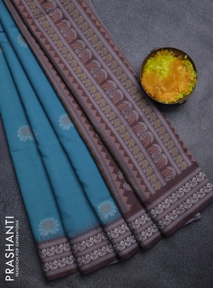 Sambalpuri semi silk saree teal blue and brown with allover ikat butta weaves and thread woven border
