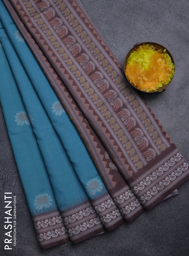 Sambalpuri semi silk saree teal blue and brown with allover ikat butta weaves and thread woven border
