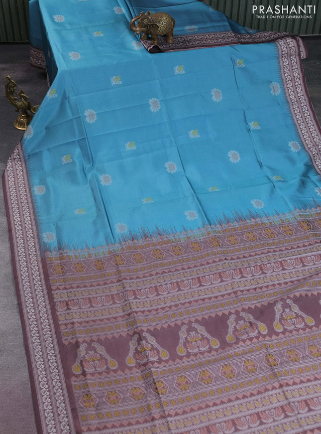 Sambalpuri semi silk saree teal blue and brown with allover ikat butta weaves and thread woven border