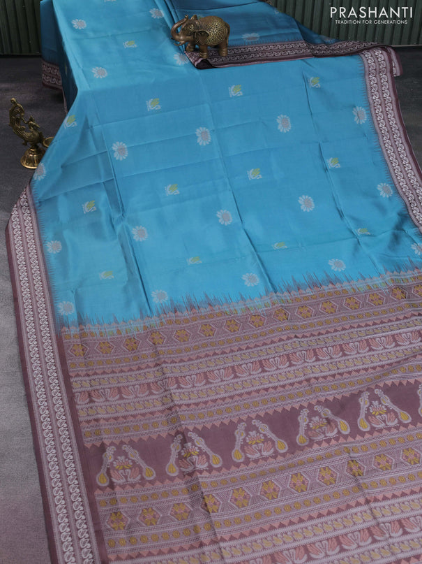 Sambalpuri semi silk saree teal blue and brown with allover ikat butta weaves and thread woven border