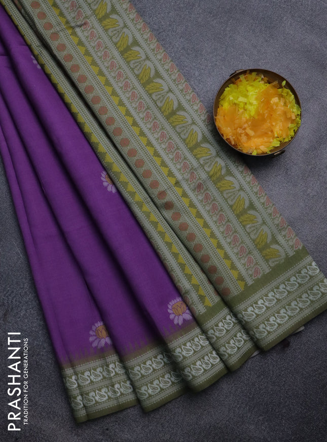 Sambalpuri semi silk saree purple and sap green with allover ikat butta weaves and thread woven border