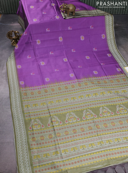 Sambalpuri semi silk saree purple and sap green with allover ikat butta weaves and thread woven border