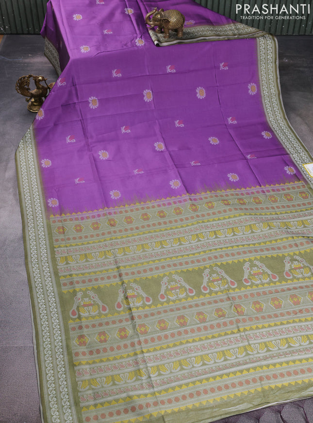 Sambalpuri semi silk saree purple and sap green with allover ikat butta weaves and thread woven border