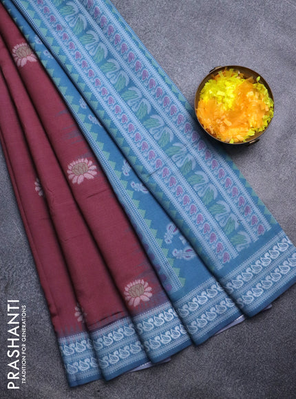 Sambalpuri semi silk saree maroon and blue shade with allover ikat butta weaves and thread woven border