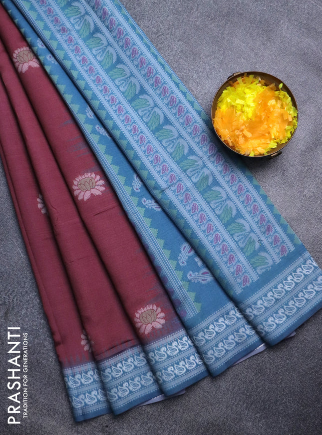 Sambalpuri semi silk saree maroon and blue shade with allover ikat butta weaves and thread woven border