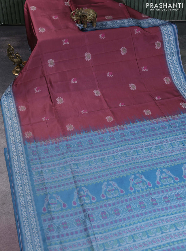 Sambalpuri semi silk saree maroon and blue shade with allover ikat butta weaves and thread woven border