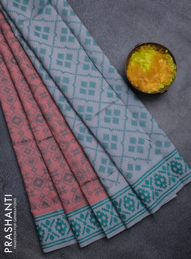 Sambalpuri semi silk saree peach shade and grey with allover ikat weaves and thread woven border