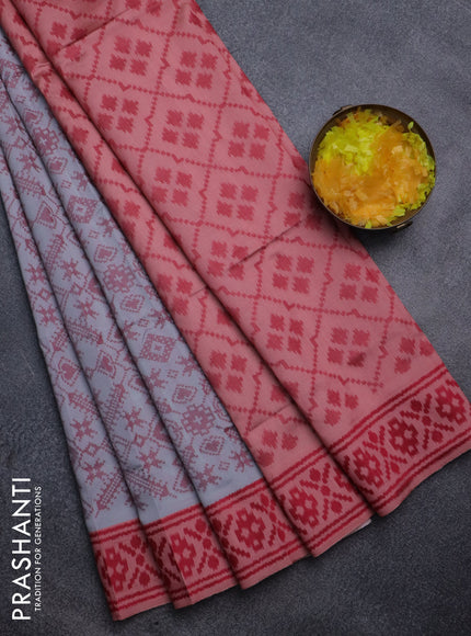 Sambalpuri semi silk saree grey and peach orange with allover ikat weaves and thread woven border