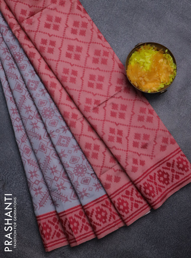 Sambalpuri semi silk saree grey and peach orange with allover ikat weaves and thread woven border