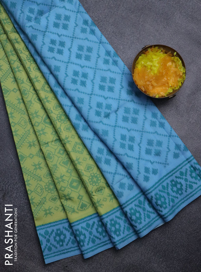 Sambalpuri semi silk saree lime yellow and light blue with allover ikat weaves and thread woven border