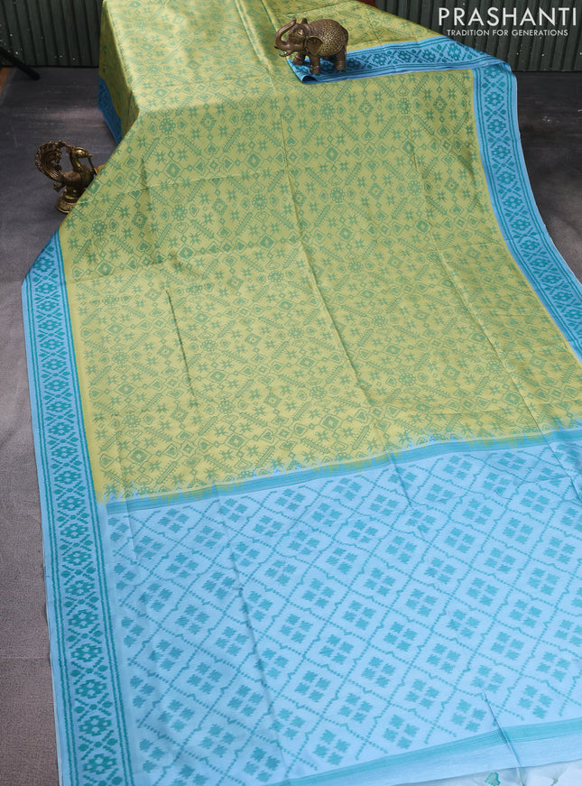 Sambalpuri semi silk saree lime yellow and light blue with allover ikat weaves and thread woven border