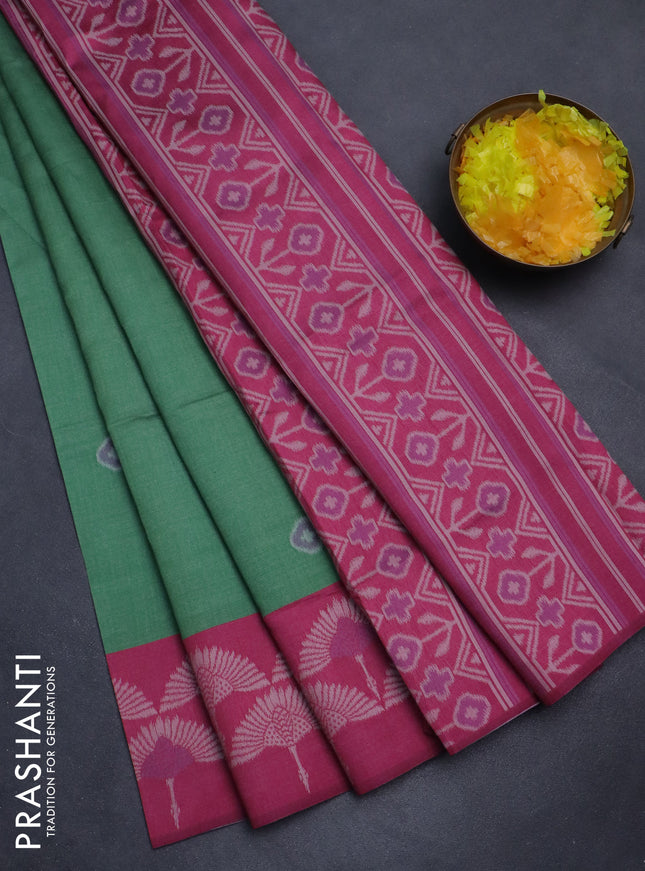 Sambalpuri semi silk saree green and magenta pink with allover ikat butta weaves and thread woven border