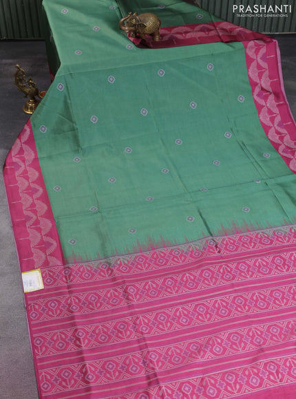 Sambalpuri semi silk saree green and magenta pink with allover ikat butta weaves and thread woven border