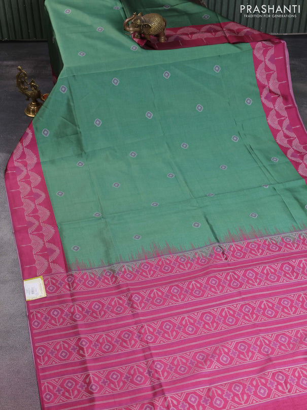 Sambalpuri semi silk saree green and magenta pink with allover ikat butta weaves and thread woven border
