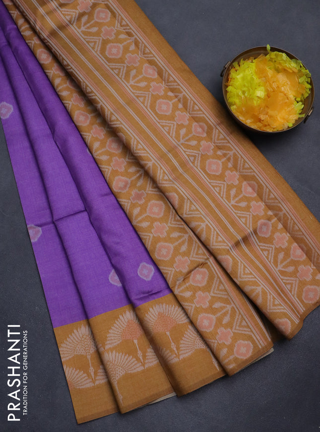 Sambalpuri semi silk saree violet and dark mustard with allover ikat butta weaves and thread woven border