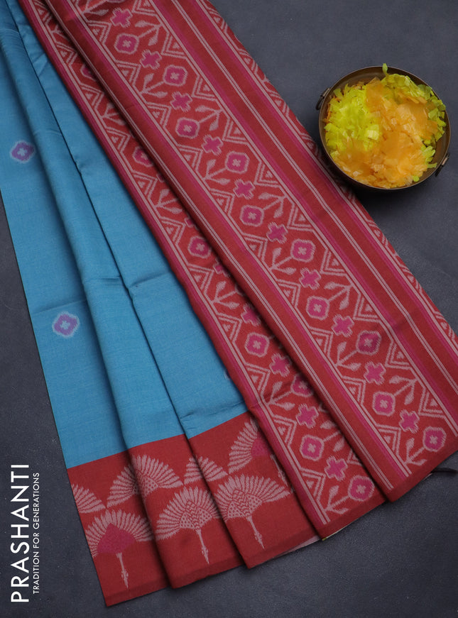 Sambalpuri semi silk saree pastel blue and maroon with allover ikat butta weaves and thread woven border