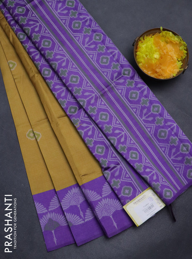 Sambalpuri semi silk saree mustard yellow and violet with allover ikat butta weaves and thread woven border