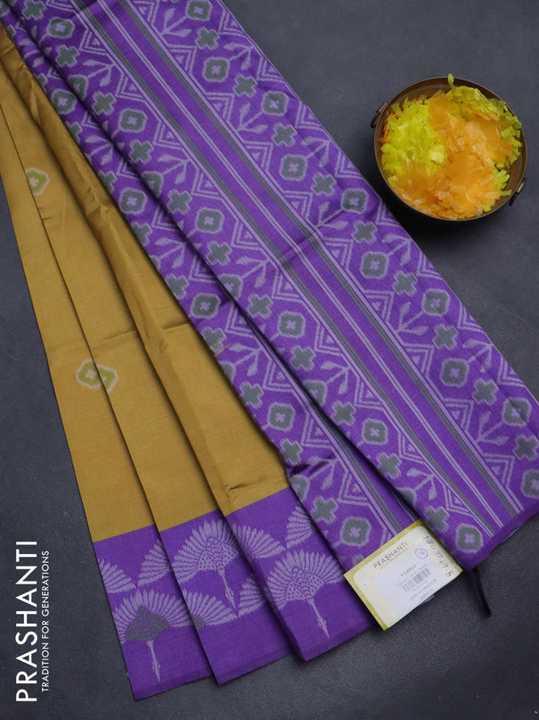 Sambalpuri semi silk saree mustard yellow and violet with allover ikat butta weaves and thread woven border
