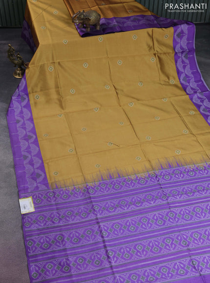 Sambalpuri semi silk saree mustard yellow and violet with allover ikat butta weaves and thread woven border