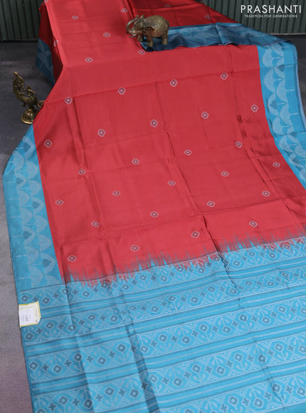 Sambalpuri semi silk saree red and pastel blue with allover ikat butta weaves and thread woven border
