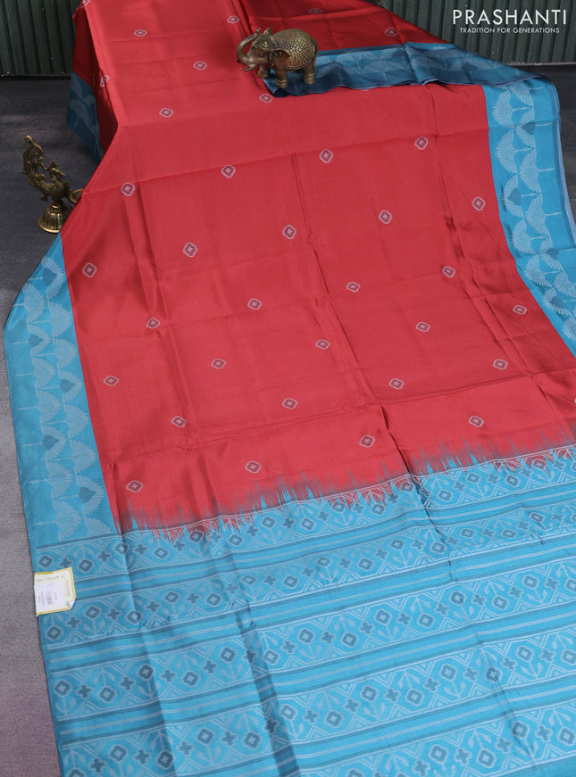 Sambalpuri semi silk saree red and pastel blue with allover ikat butta weaves and thread woven border