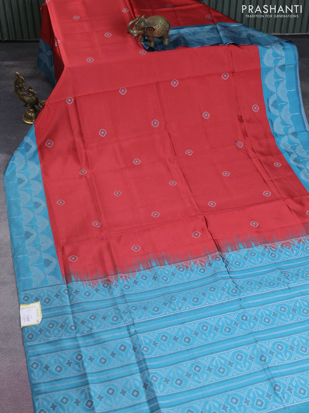 Sambalpuri semi silk saree red and pastel blue with allover ikat butta weaves and thread woven border