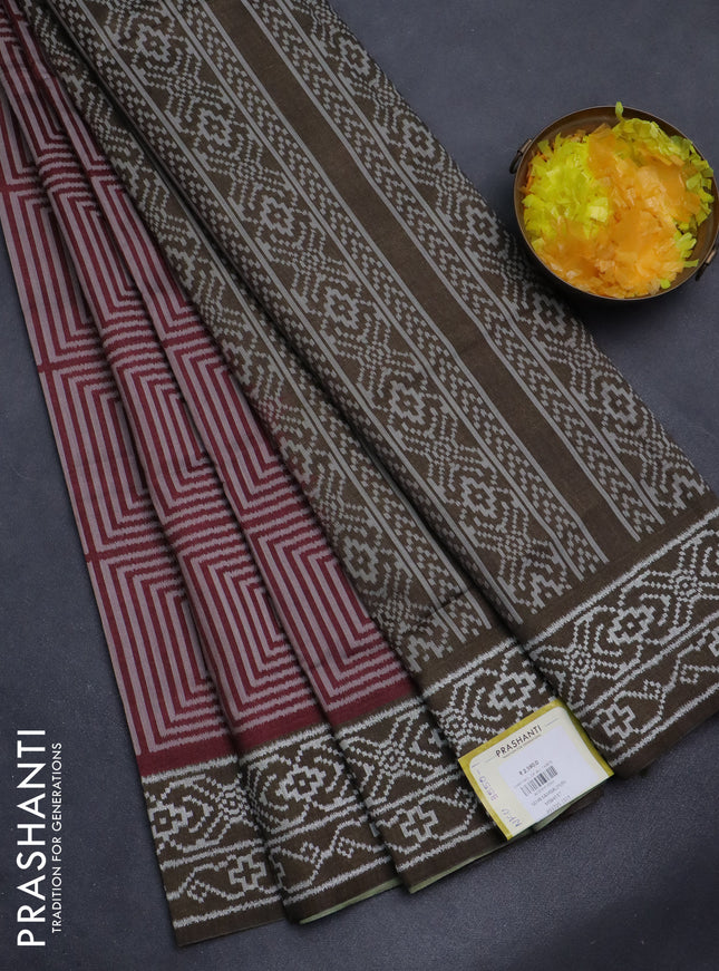 Sambalpuri semi silk saree maroon and military green with allover geometric ikat weaves and thread woven border
