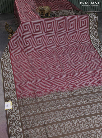 Sambalpuri semi silk saree maroon and military green with allover geometric ikat weaves and thread woven border