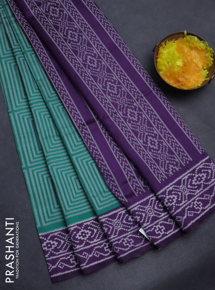 Sambalpuri semi silk saree teal green and violet with allover geometric ikat weaves and thread woven border