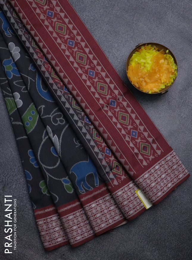 Sambalpuri semi silk saree black and maroon with allover ikat weaves and thread woven border