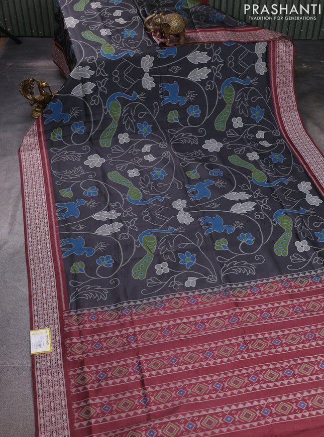 Sambalpuri semi silk saree black and maroon with allover ikat weaves and thread woven border