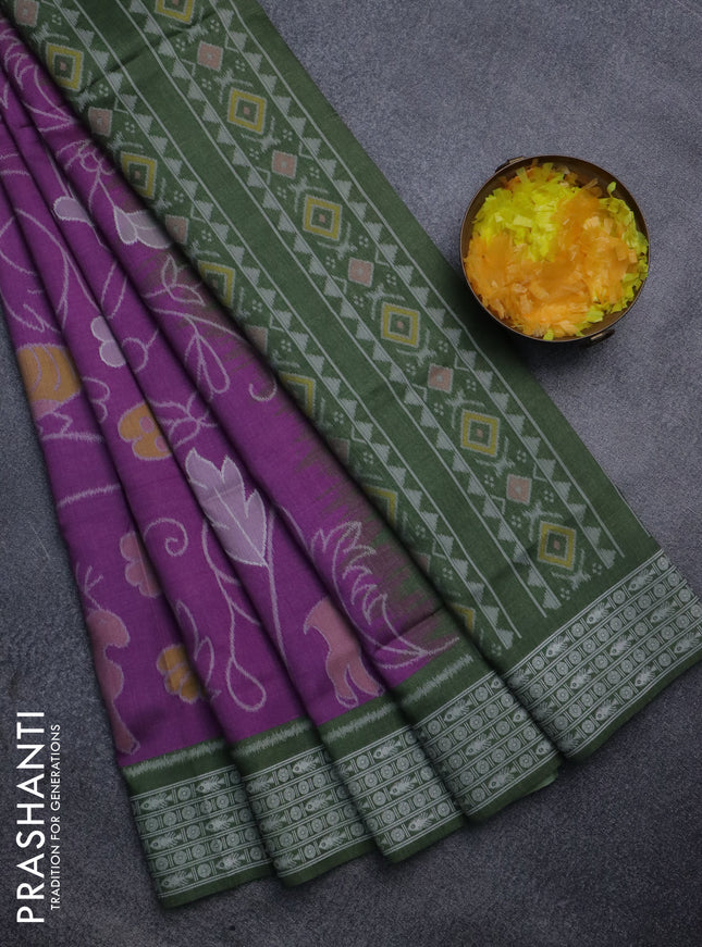 Sambalpuri semi silk saree purple and sap green with allover ikat weaves and thread woven border